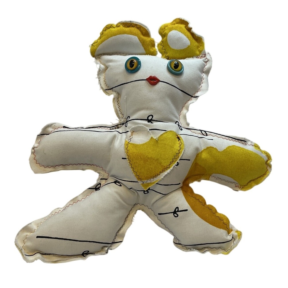 Handmade Art Doll Plush Toy Yellow Heart White Stuffed Animal‎ OOAK
